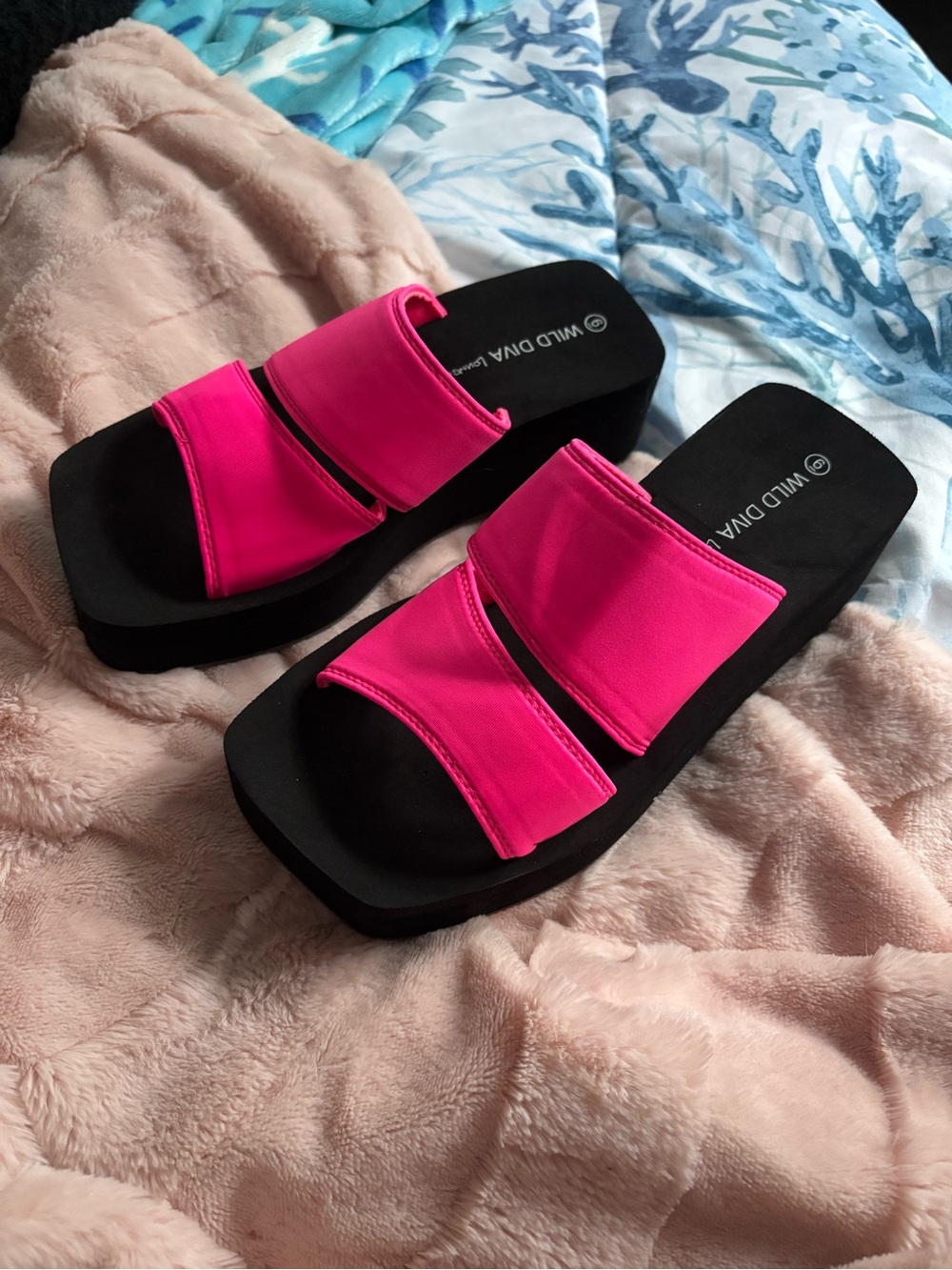 Wild Diva Neon Pink Double-Strap Slide Sandals
